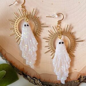 Gold & opalescent ghost halloween halo crown earrings